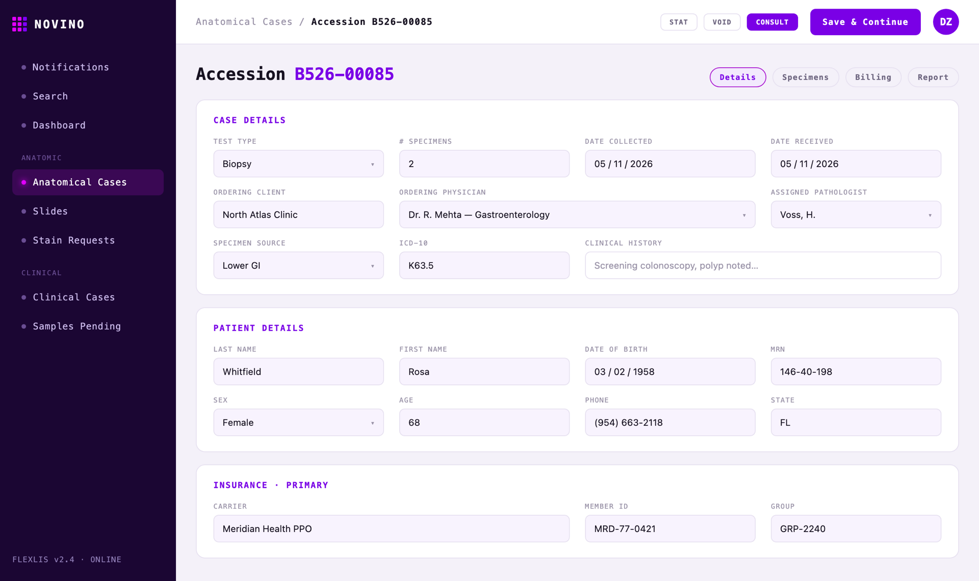 FlexLIS LIS — accession intake form