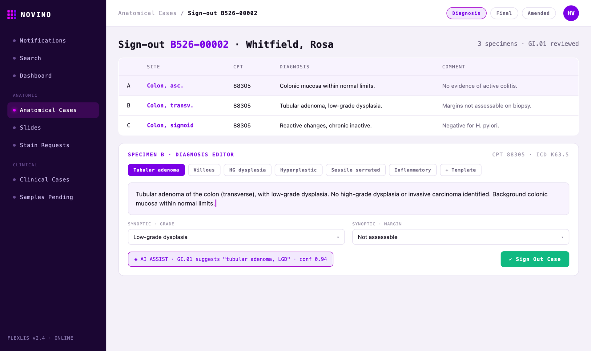 FlexLIS — AI-assisted diagnosis sign-out editor